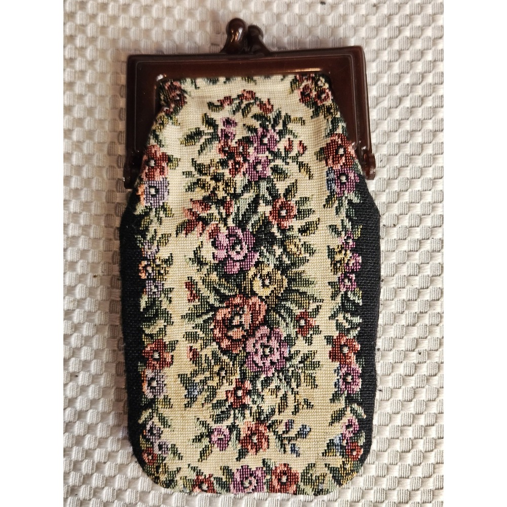 Vintage 60s Floral Tapestry Kiss-Lock Multicolor Petit Point Coin Purse Clutch